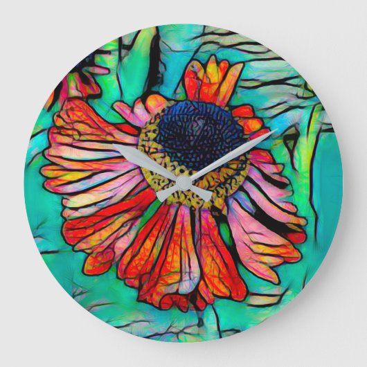 Fringy Helenium mit festem Glass-Look Große Wanduhr (Vorderseite)
