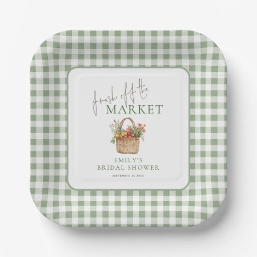 Frisch auf dem Markt Sage Gingham Brautparty Pappteller (Vorderseite)