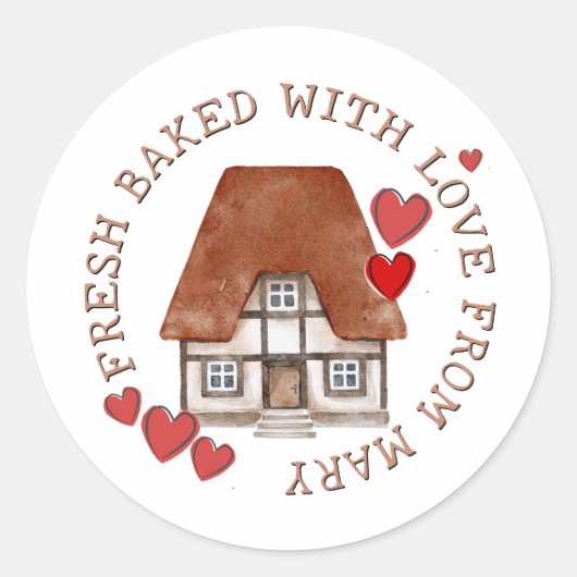 FRISCH BAKED MIT LIEBE Tudor House und Red Hearts Runder Aufkleber (Vorderseite)