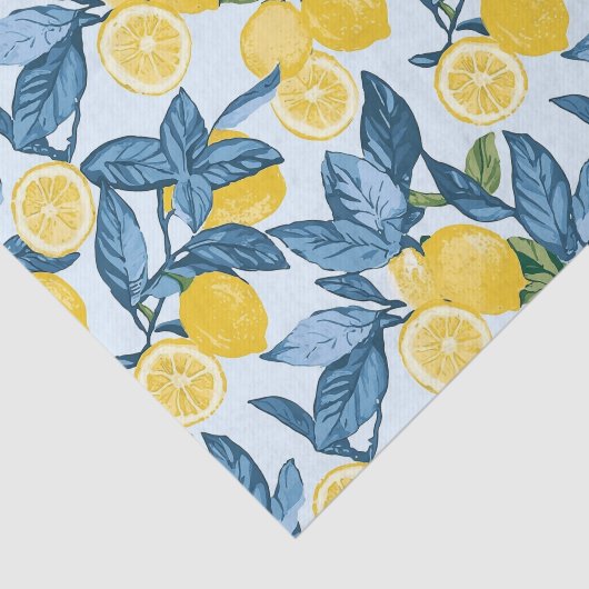 Frisch gelber Zitronenbaum auf blauem Hintergrund Seidenpapier (Ausschnitt)