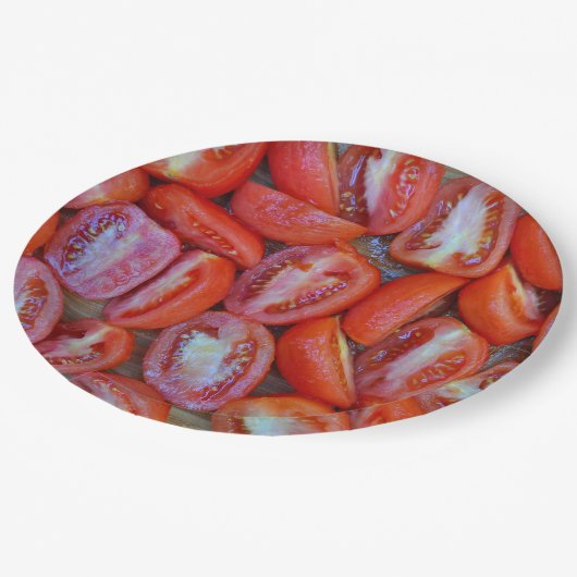 frisch geschnittene Tomaten Pappteller (Schrägansicht)