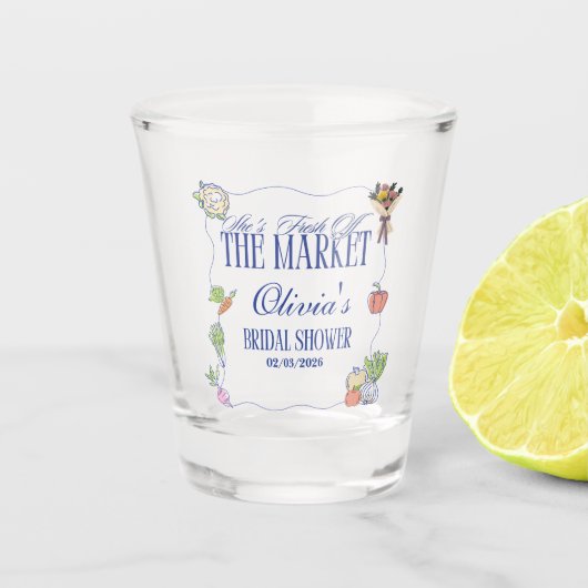 Frisch vom Markt Hochzeitsdusche Willkommen bei Schnapsglas (Vorderseite)