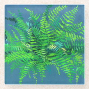 Frische Blätter, Blumenmuster, Grünpflanzen, Blau  Glasuntersetzer
