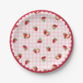 Frische Erdbeere mit rosa Gingham-Muster Pappteller (Vorderseite)