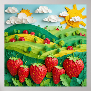 Frische Erdbeeren auf einer grünen Wiese Poster