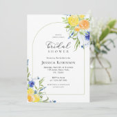 Frische Frühlingsblüte in Blau-Gelb-Brautparty Einladung (Stehend Vorderseite)