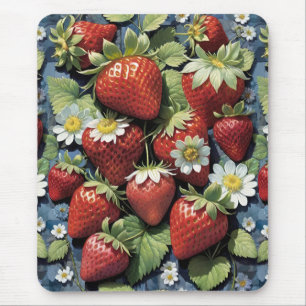 Frische gepflückte Erdbeeren und weiße Blüten Mousepad