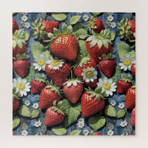 Frische gepflückte Erdbeeren und weiße Blüten Puzzle