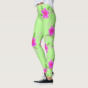 Frische grüne Leggings mit rosa Blume drucken