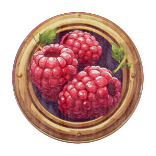 Frische Himbeeren in goldenem Kunstwerk gerahmt Schneidebrett