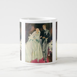 Frische Hochzeit Neuvermählte, glückliche Braut un Jumbo-Tasse