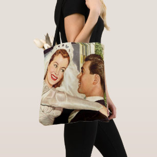 Frische Hochzeit Neuvermählte, glückliche Braut un Tasche