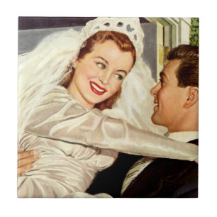 Frische Hochzeitneuvermählte, glückliche Braut und Fliese