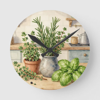 Frische Küchenkräuter Aquarell Runde Wanduhr