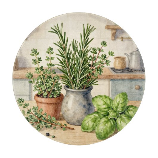 Frische Küchenkräuter Aquarell Schneidebrett (Vorderseite)
