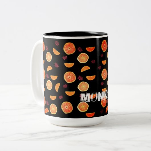 Frische Orangenfrüchte Scheiben und Zimt Zweifarbige Tasse (Vorderseite Links)