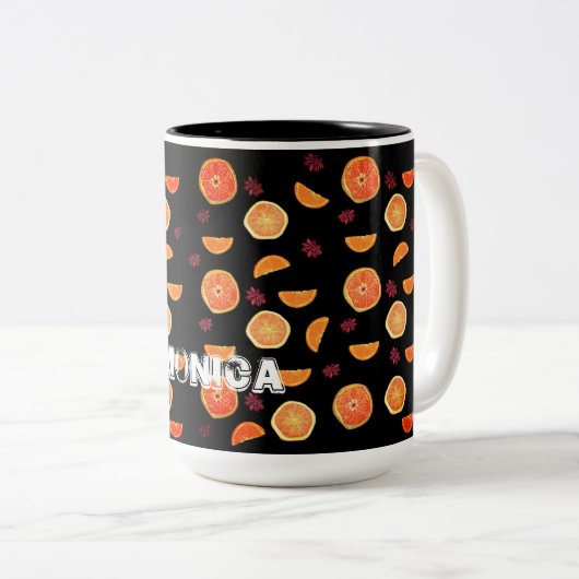 Frische Orangenfrüchte Scheiben und Zimt Zweifarbige Tasse (VorderseiteRechts)