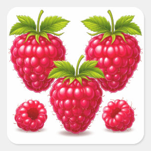 Frische reife Himbeeren mit grünen Blättern Quadratischer Aufkleber