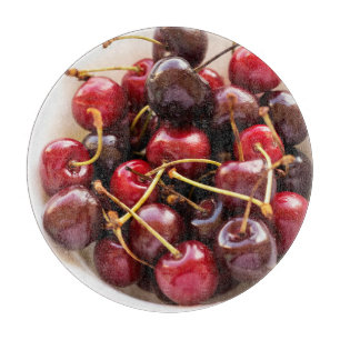Frische rote Kirschen in einer Schüssel Fotografie Schneidebrett