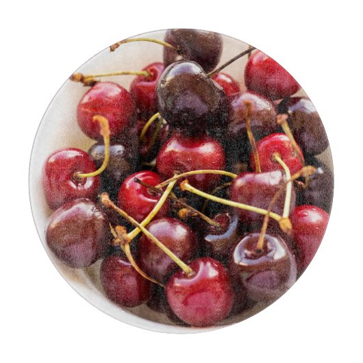 Frische rote Kirschen in einer Schüssel Fotografie Schneidebrett (Vorderseite)