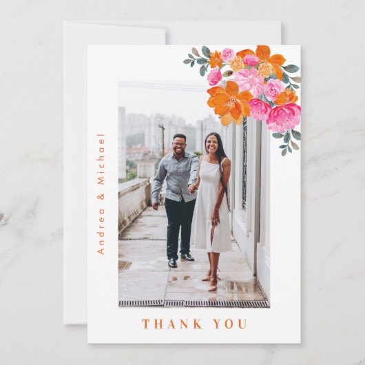 Frische Sommerpink- und Orangenblütenhochzeit Foto Dankeskarte (Vorderseite)