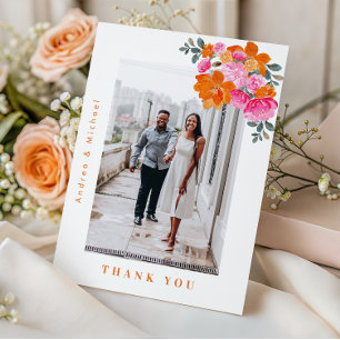 Frische Sommerpink- und Orangenblütenhochzeit Foto Dankeskarte