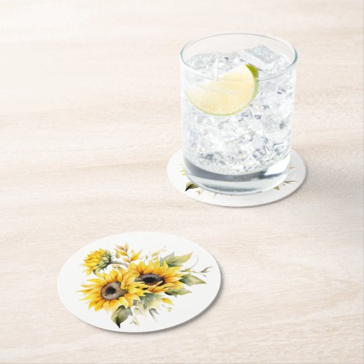 Frische Sonnenblumen: Personalisierte Hochzeitssli Runder Pappuntersetzer (Vor Ort)