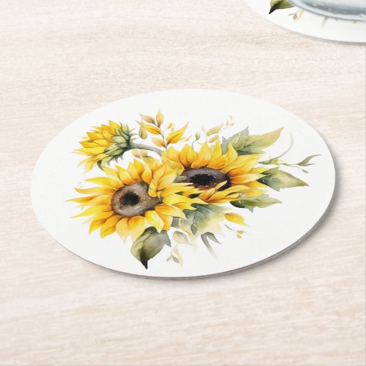 Frische Sonnenblumen: Personalisierte Hochzeitssli Runder Pappuntersetzer (Angewinkelt)