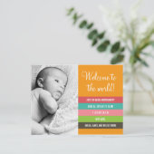 Frische und farbenfrohe Geburtserklärung - Baby Gi Ankündigungspostkarte (Stehend Vorderseite)