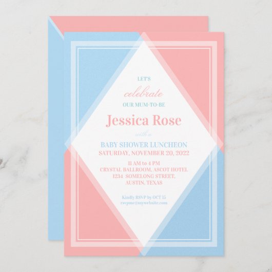 Frische und hellrosa Blau Moderne Babydusche Shimm Einladung (Vorne/Hinten)