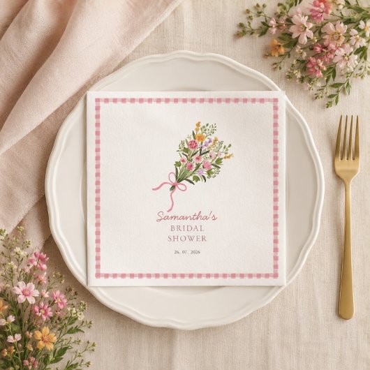 Frische Willkommensanzeige mit rosa Gingham direkt Serviette