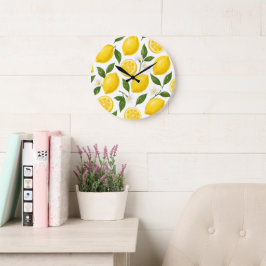 Frische Zitronenmuster mit Blättern und Blüten Große Wanduhr