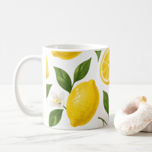 Frische Zitronenmuster mit Blättern und Blüten Kaffeetasse (Mit Donut)