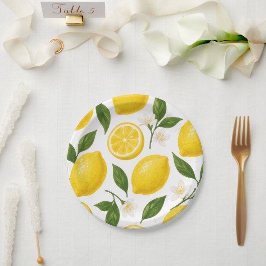 Frische Zitronenmuster mit Blättern und Blüten Pappteller (Hochzeit)