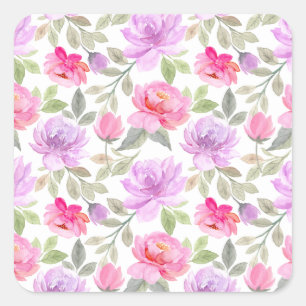 Frischer Frühlingsvibe: Rosa und lila florales Des Quadratischer Aufkleber