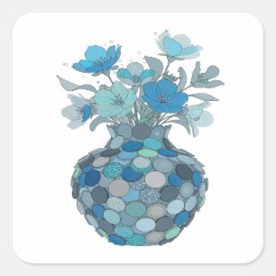 Frischer grauer BLAUER BLUMENVASE Decal Kunst Quadratischer Aufkleber