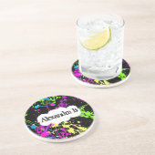 Frischer Retro Neonfarben-Spritzer auf Schwarzem Getränkeuntersetzer (Seite)