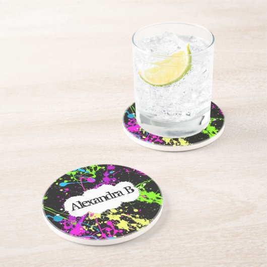 Frischer Retro Neonfarben-Spritzer auf Schwarzem Getränkeuntersetzer (Seite)