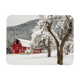 Frischer Schnee auf roter Scheune Magnet
