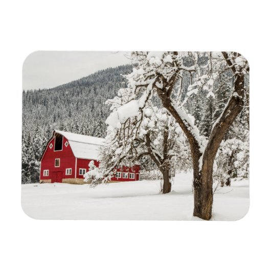 Frischer Schnee auf roter Scheune Magnet (Horizontal)