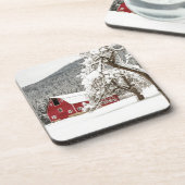 Frischer Schnee auf roter Scheune Untersetzer (Linke Seite)