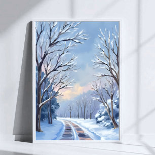 Frischer Schneefall   Winterstraße Wasserfarben Na Poster