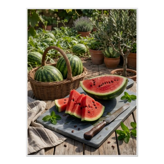 Frischer Wassermelonen-Rustikale-Picknick-Fruchtko Poster (Vorderseite)