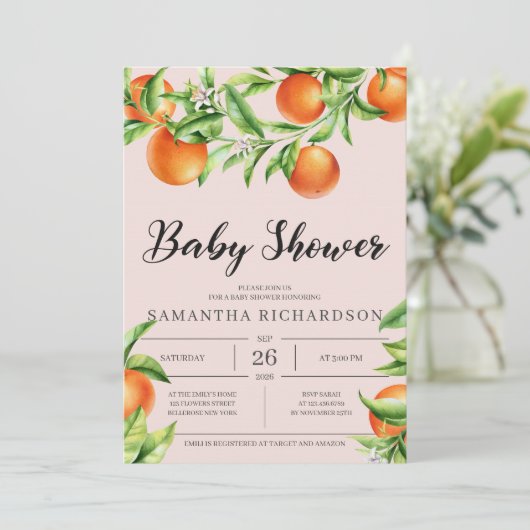 Frisches Citrus Fruit Baby Dusche Einladung neutra (Stehend Vorderseite)