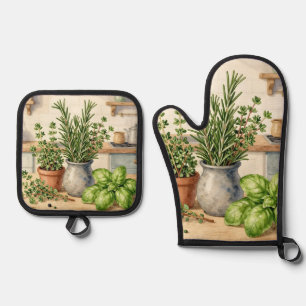 Frisches Küchenkräuter Aquarell Ofenhandschuh & Topflappen-Set