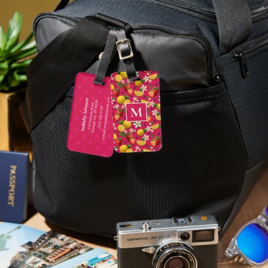 Frisches Obst Erdbeeren & ZitronenMonogramm - Rosa Gepäckanhänger (Vorderseite & Rückseite)