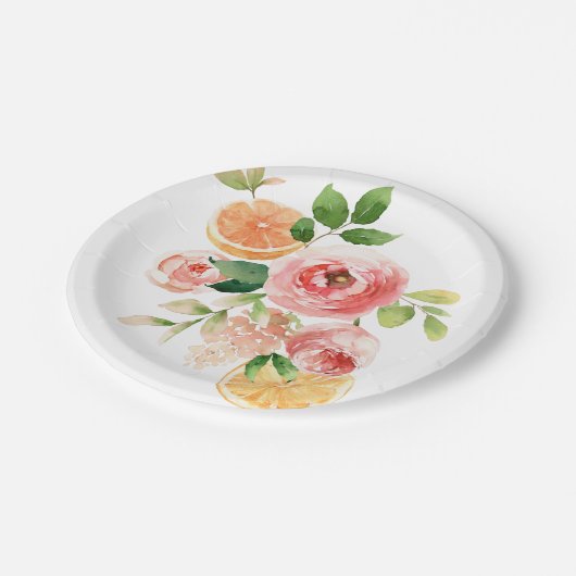 Frisches Obst und Blume Aquarellgestaltung Pappteller (Schrägansicht)