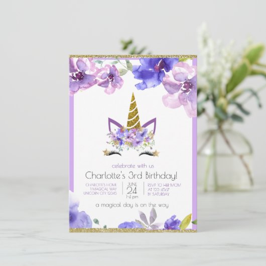 Frisches Violett | Unicorn Girl Lila Birthday Part Einladung (Stehend Vorderseite)