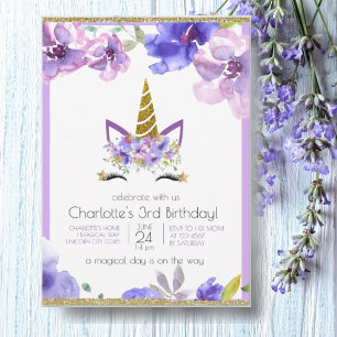 Frisches Violett Unicorn Girl Lila Birthday Part Einladung