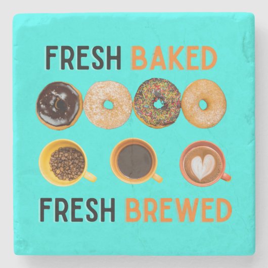Frischgebackene frisch gebackene Donuts und Kaffee Steinuntersetzer (Vorderseite)